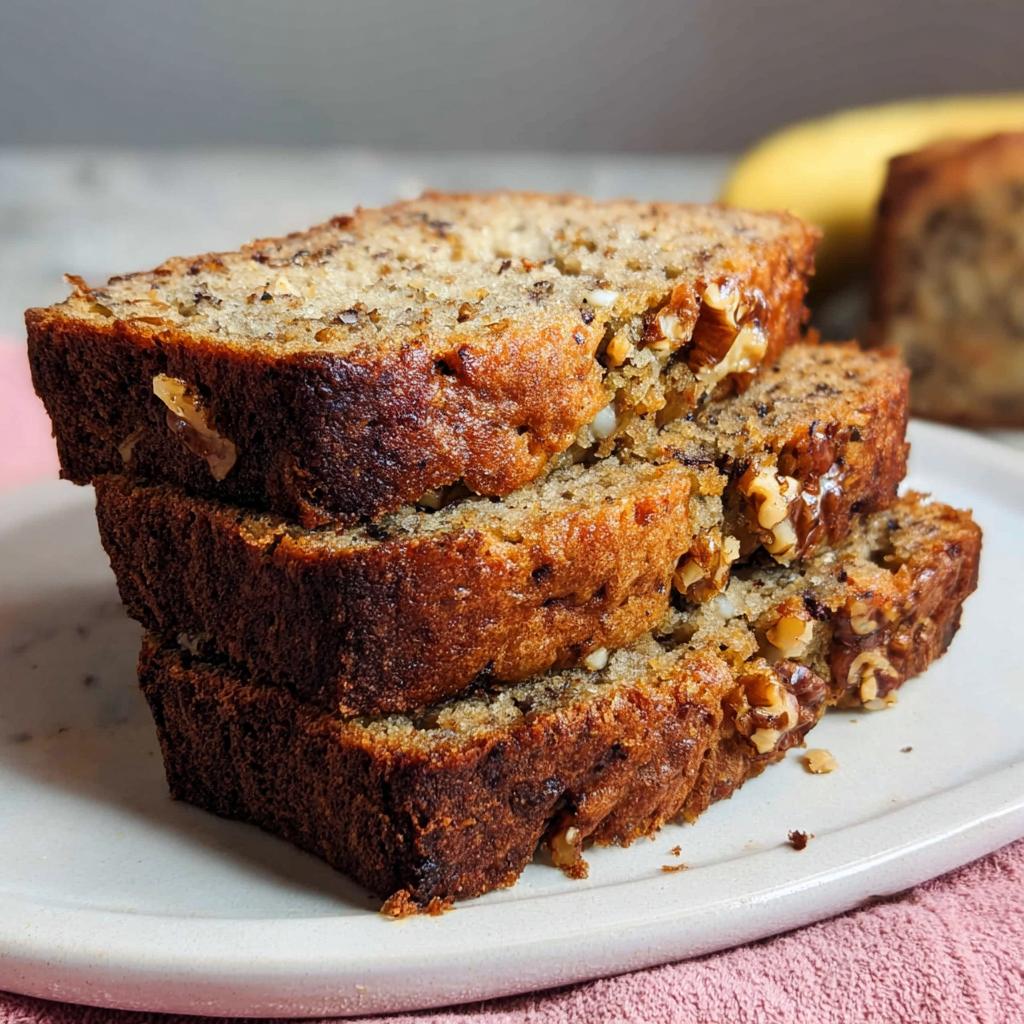 Three thick, moist slices of Banana Nut Bread with Walnuts stacked on a white plate.