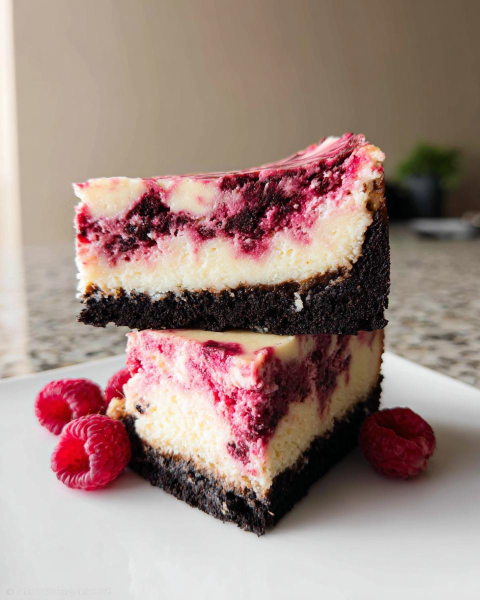 Two stacked slices of Raspberry White Chocolate Cheesecake with a dark chocolate crust and fresh raspberries.