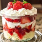 A layered Strawberry Shortcake Trifle in a jar topped with whipped cream and fresh strawberries.