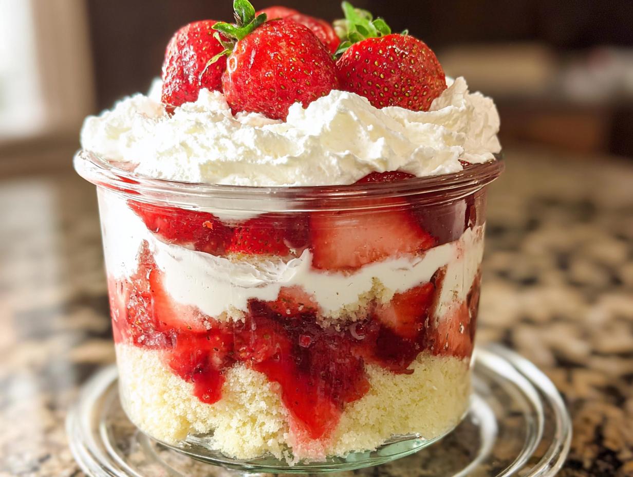 A layered Strawberry Shortcake Trifle in a jar topped with whipped cream and fresh strawberries.