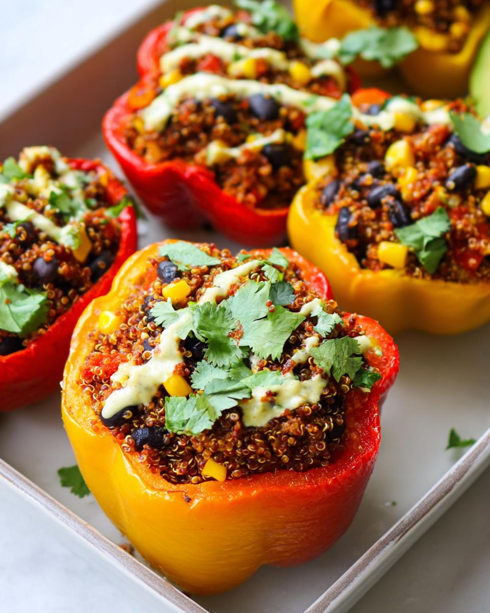 Close-up of vibrant Stuffed Bell Peppers with Quinoa and Black Beans, topped with a creamy drizzle and fresh cilantro.