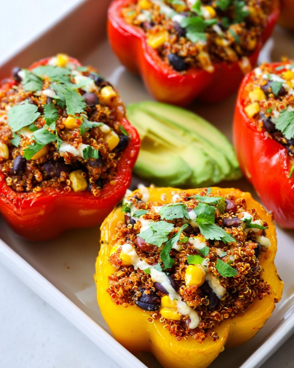 Close-up of baked Stuffed Bell Peppers with Quinoa and Black Beans, topped with cilantro and sauce.
