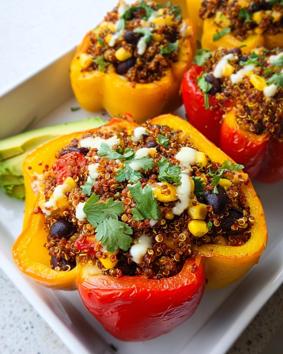 Close-up of vibrant Stuffed Bell Peppers with Quinoa and Black Beans, topped with cheese and cilantro.