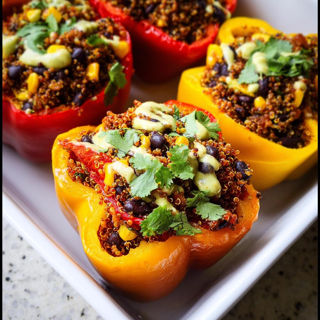 Close-up of vibrant Stuffed Bell Peppers with Quinoa and Black Beans, topped with avocado sauce and cilantro.