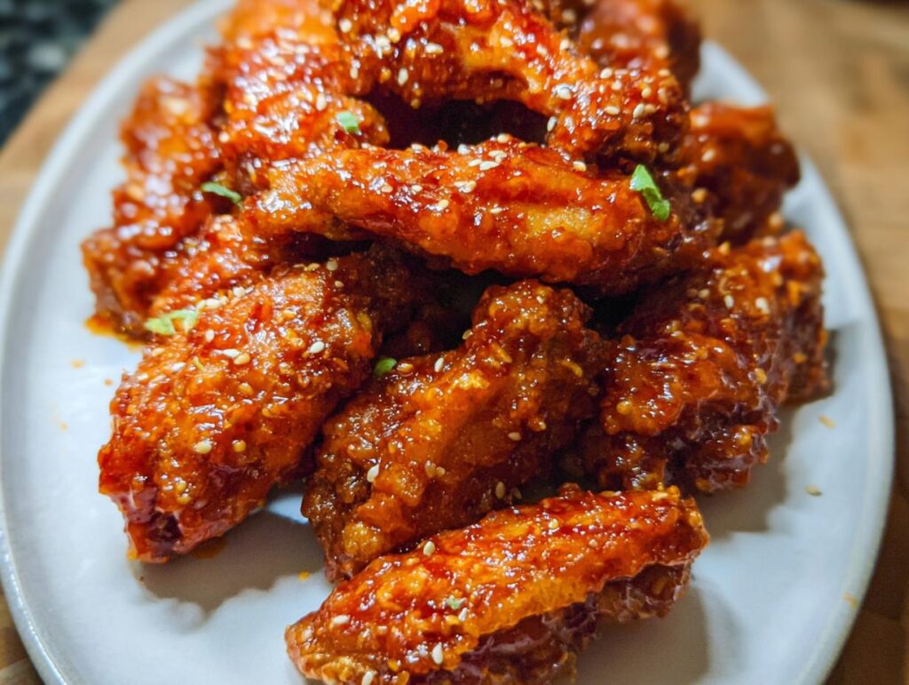 A pile of crispy Sweet Chili Glazed Chicken Wings coated in a shiny, sticky sauce and sprinkled with sesame seeds.