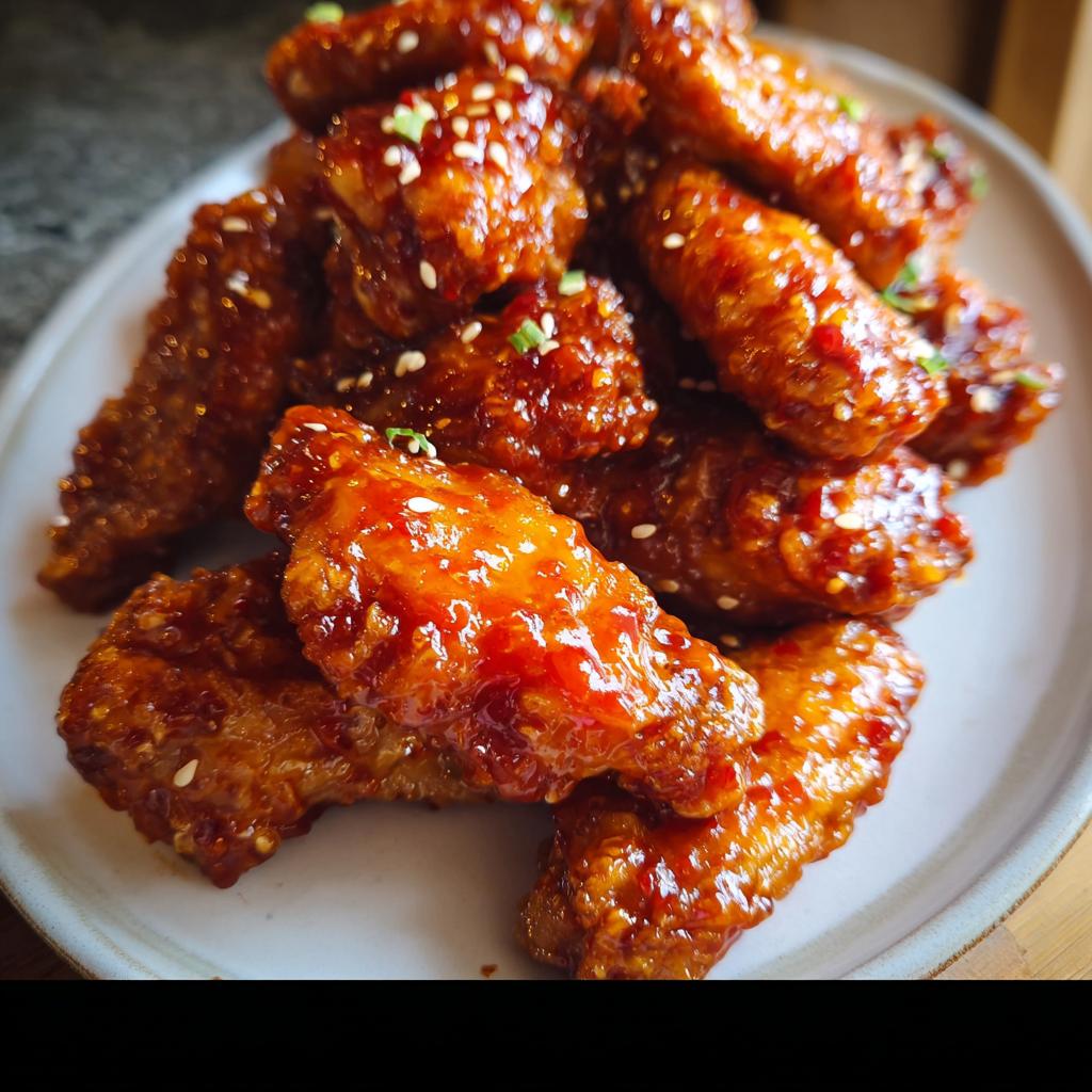 Close-up of a pile of crispy Sweet Chili Glazed Chicken Wings, covered in shiny sauce and sprinkled with sesame seeds.