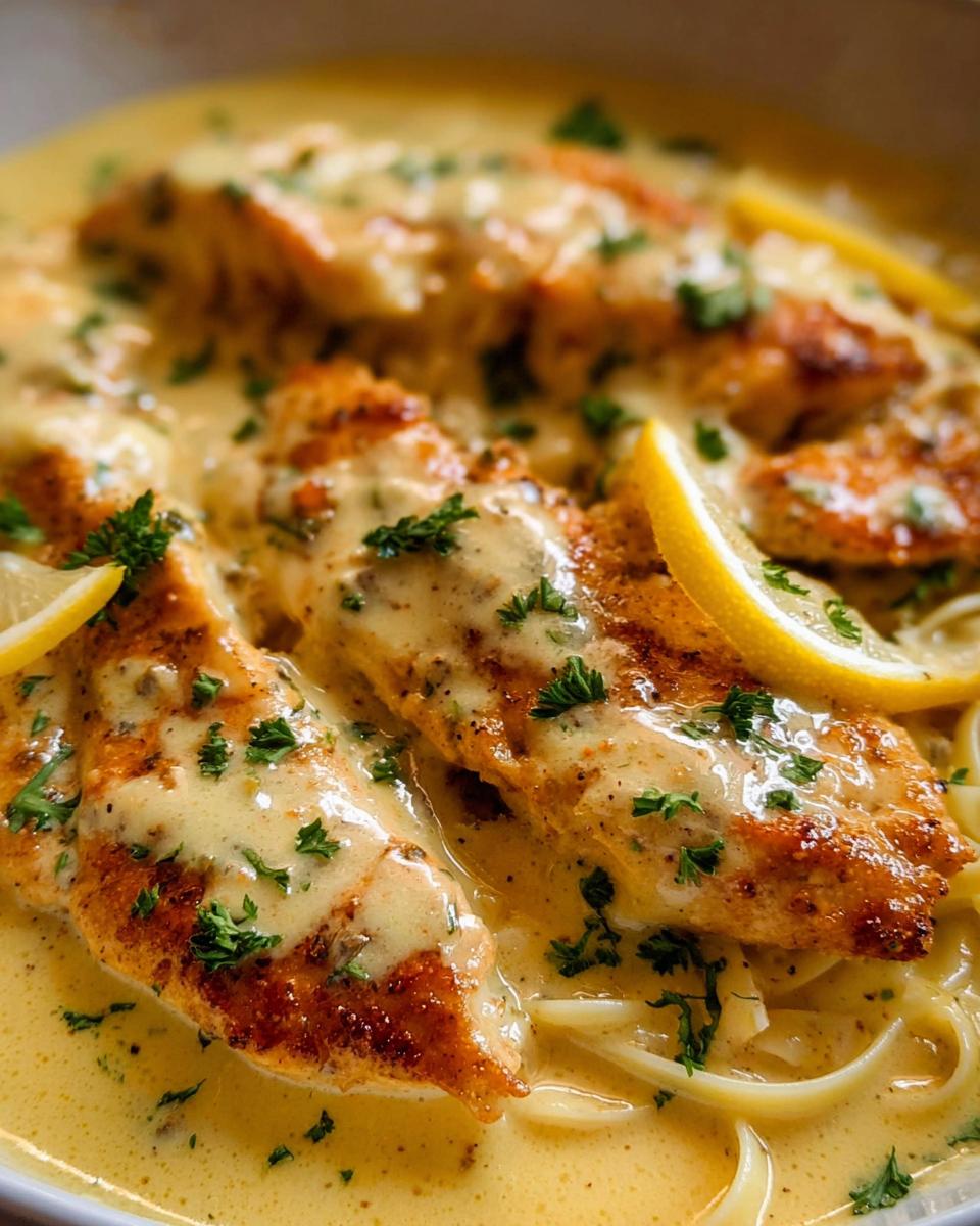 Close-up of seared chicken breasts covered in creamy lemon sauce, served over pasta, garnished with parsley and lemon slices for Tangy Lemon Cream Chicken.