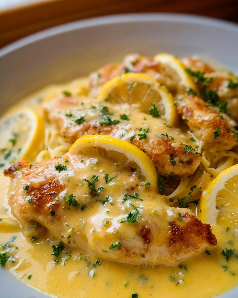 Close-up of seared chicken breasts covered in a rich, yellow Tangy Lemon Cream Chicken sauce, garnished with lemon slices and parsley over pasta.