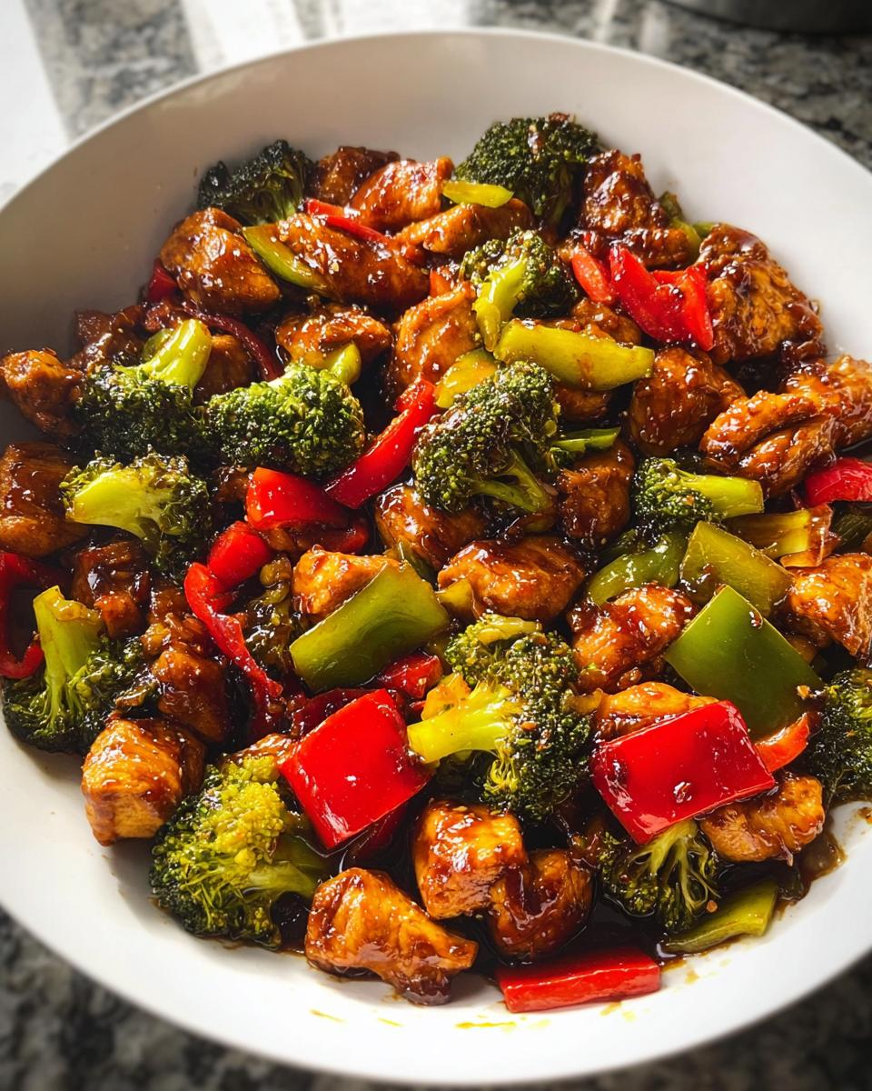 Close-up of glossy Teriyaki Chicken Stir Fry chunks mixed with bright green broccoli florets and red/green bell peppers in a white bowl.