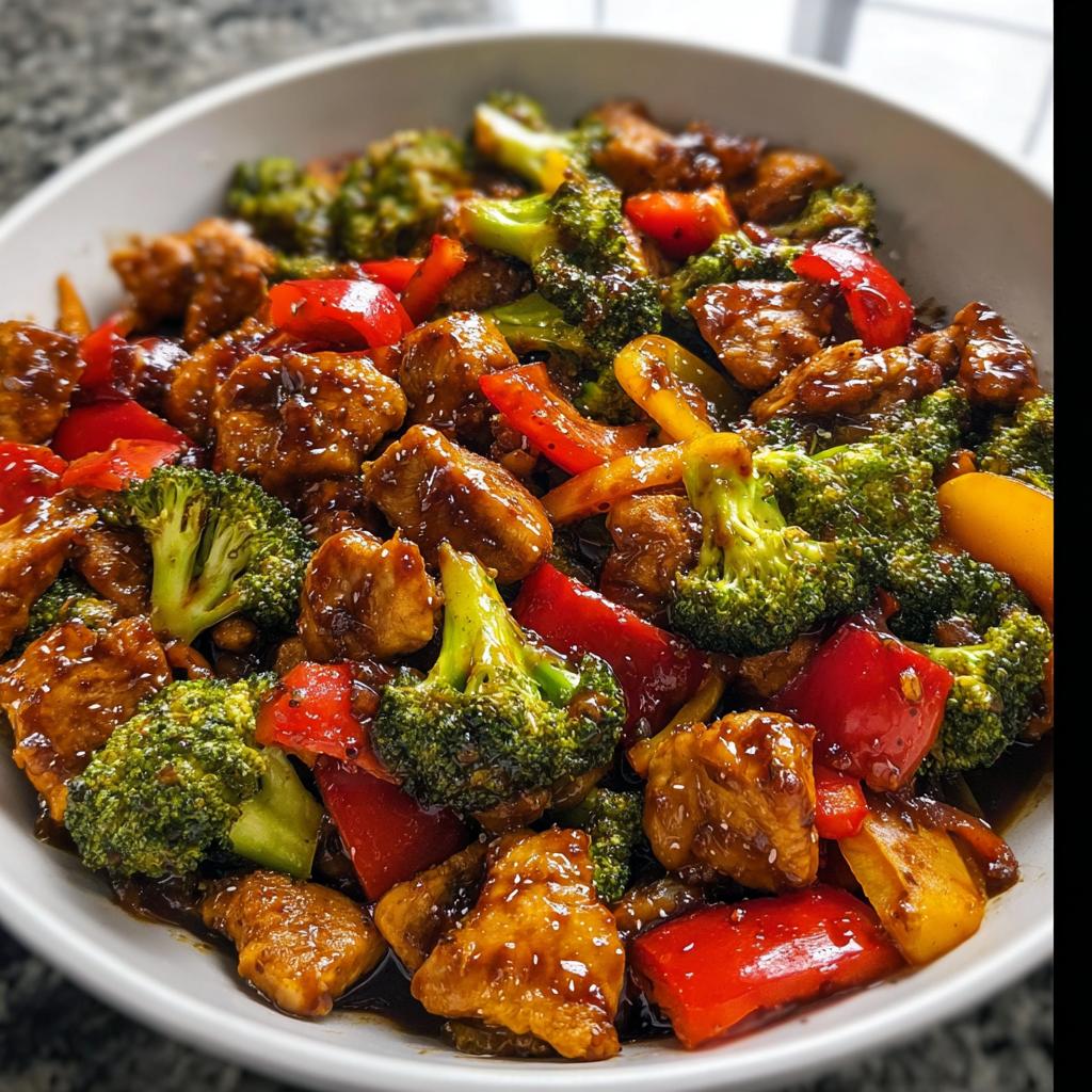 A close-up of a white bowl filled with glistening Teriyaki Chicken Stir Fry featuring broccoli, red peppers, and yellow peppers.