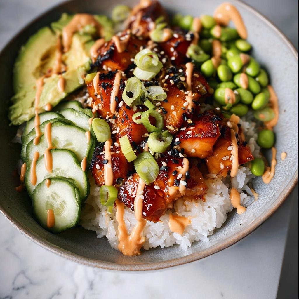 Close-up of Teriyaki Glazed Salmon Rice Bowls with avocado, cucumber, edamame, and spicy mayo drizzle.