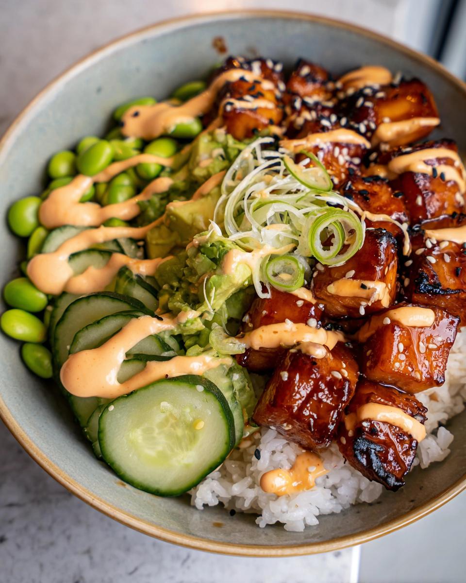 Close-up of a Teriyaki Glazed Salmon Rice Bowls featuring glazed salmon cubes, rice, edamame, cucumber, and spicy mayo.