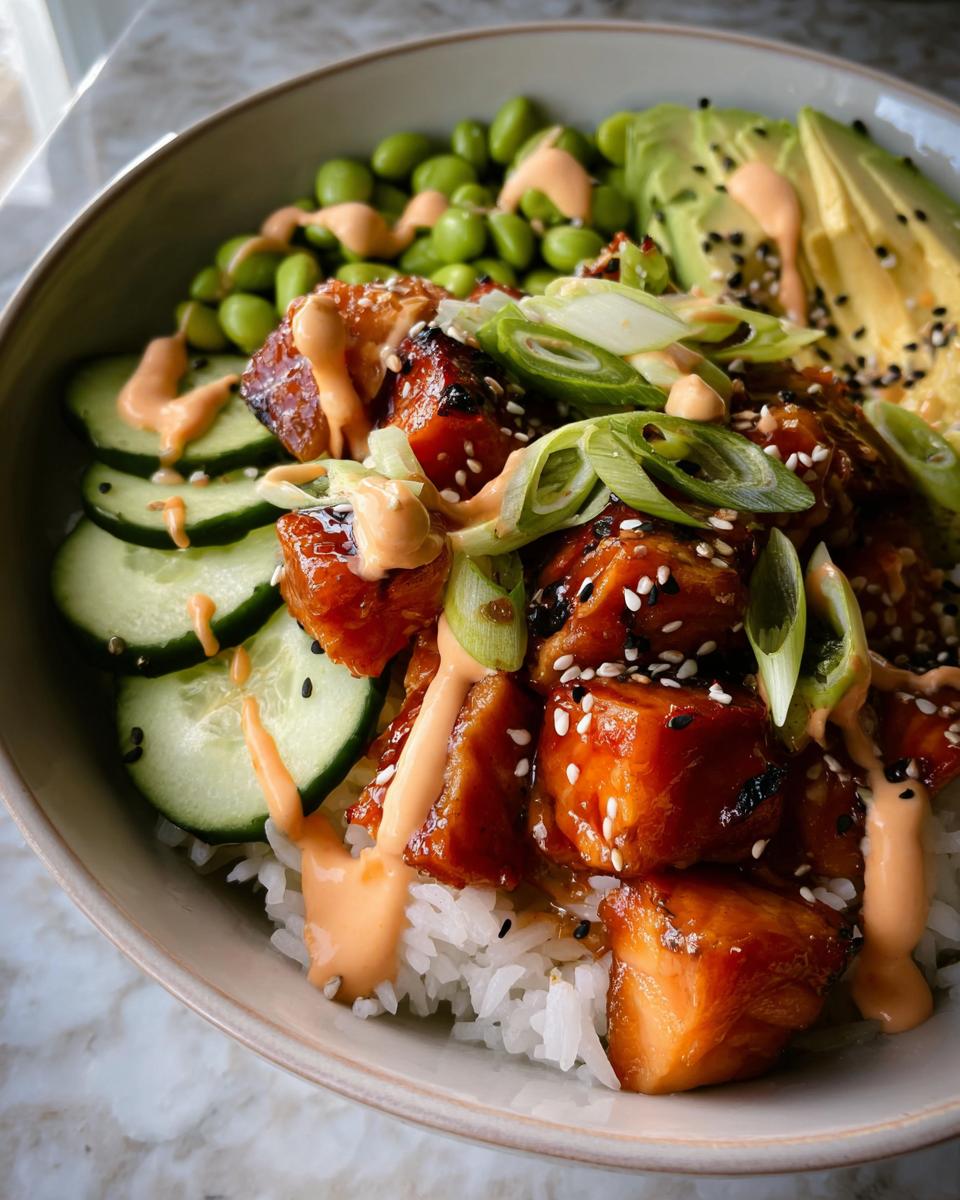 A close-up of Teriyaki Glazed Salmon Rice Bowls featuring glazed salmon cubes over rice, topped with avocado, edamame, and spicy mayo.