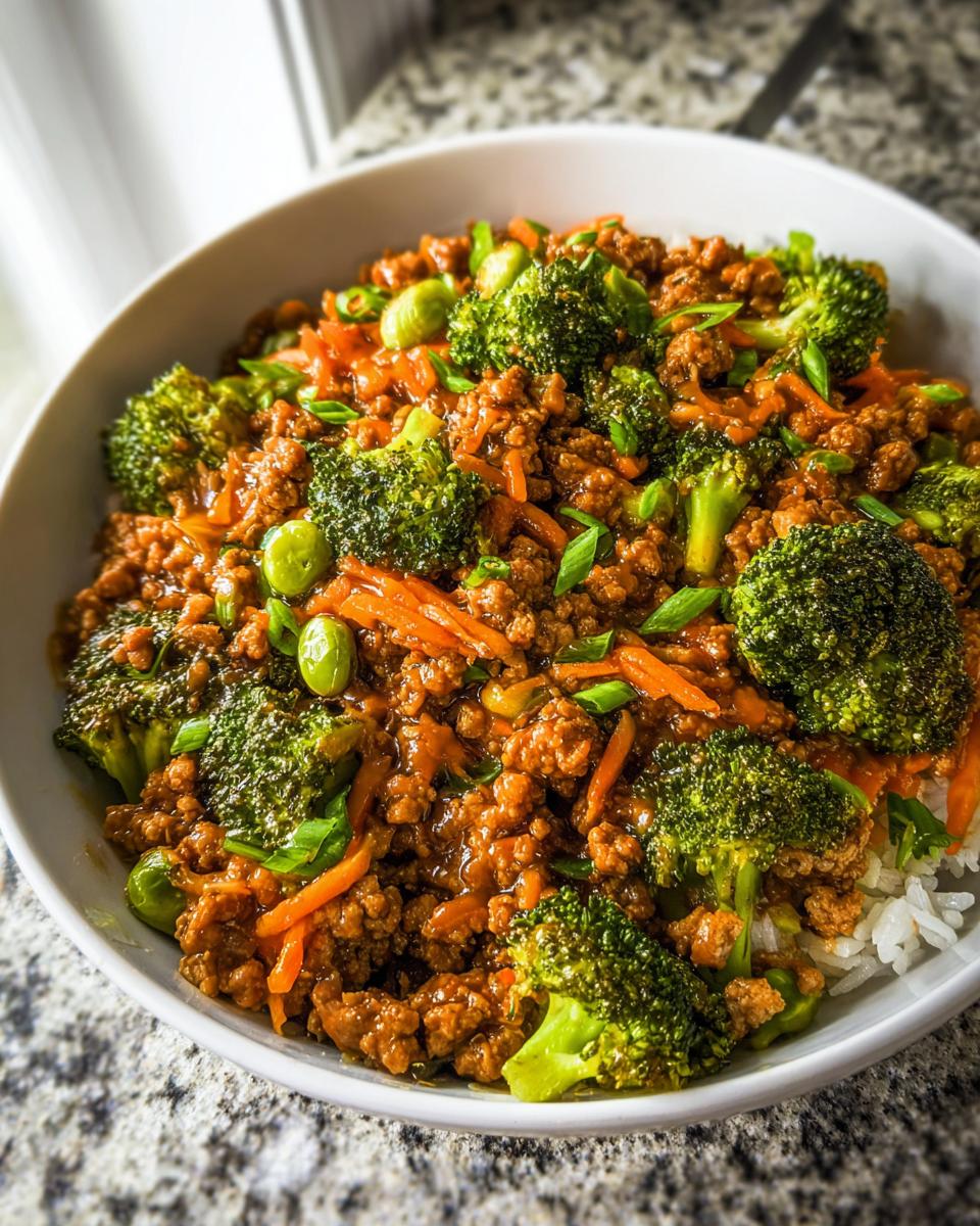 Close-up of a Teriyaki Ground Turkey Bowl served over white rice with steamed broccoli, shredded carrots, and edamame.