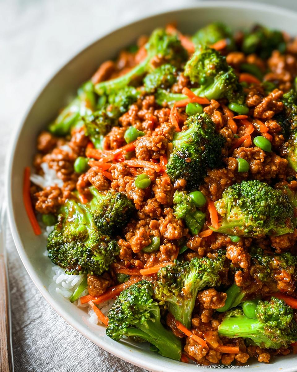 A close-up of a Teriyaki Ground Turkey Bowl featuring ground turkey, bright green broccoli florets, shredded carrots, and edamame over white rice.