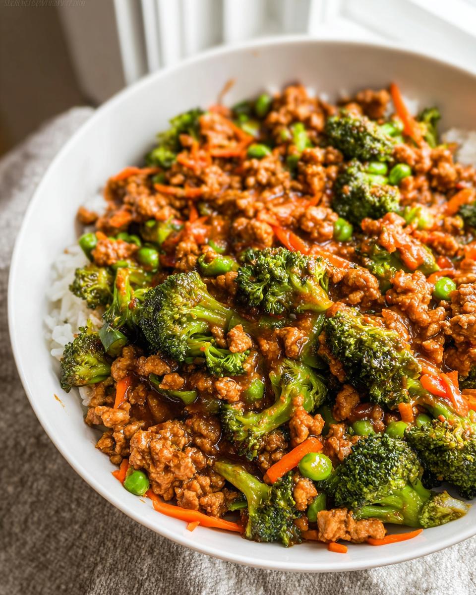 Close-up of a Teriyaki Ground Turkey Bowl served over white rice with bright green broccoli florets, peas, and shredded carrots.