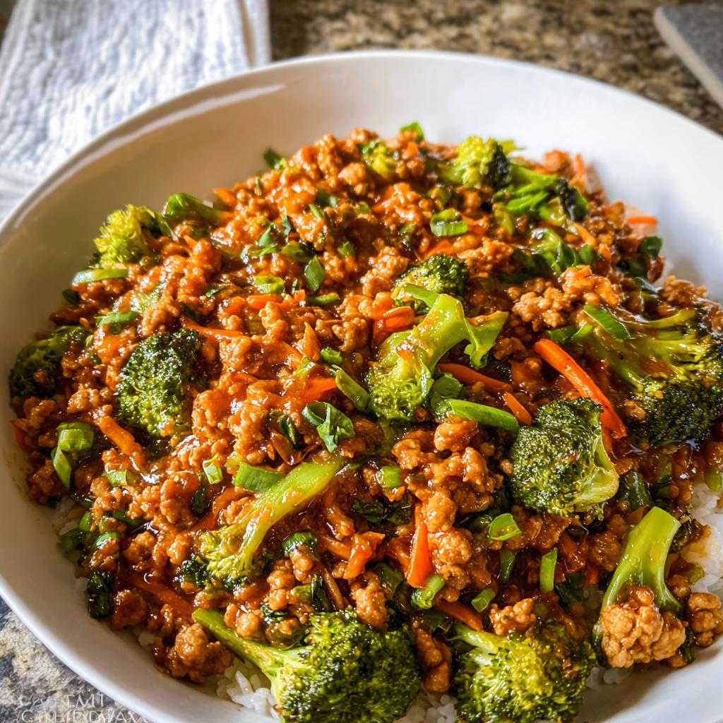 A close-up of a Teriyaki Ground Turkey Bowl featuring savory ground turkey, bright green broccoli florets, and shredded carrots over rice.