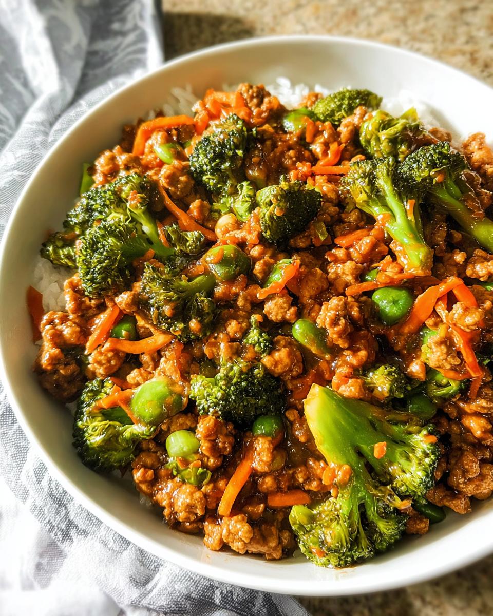 Close-up of a Teriyaki Ground Turkey Bowl served over white rice, topped with bright green broccoli florets and shredded carrots.