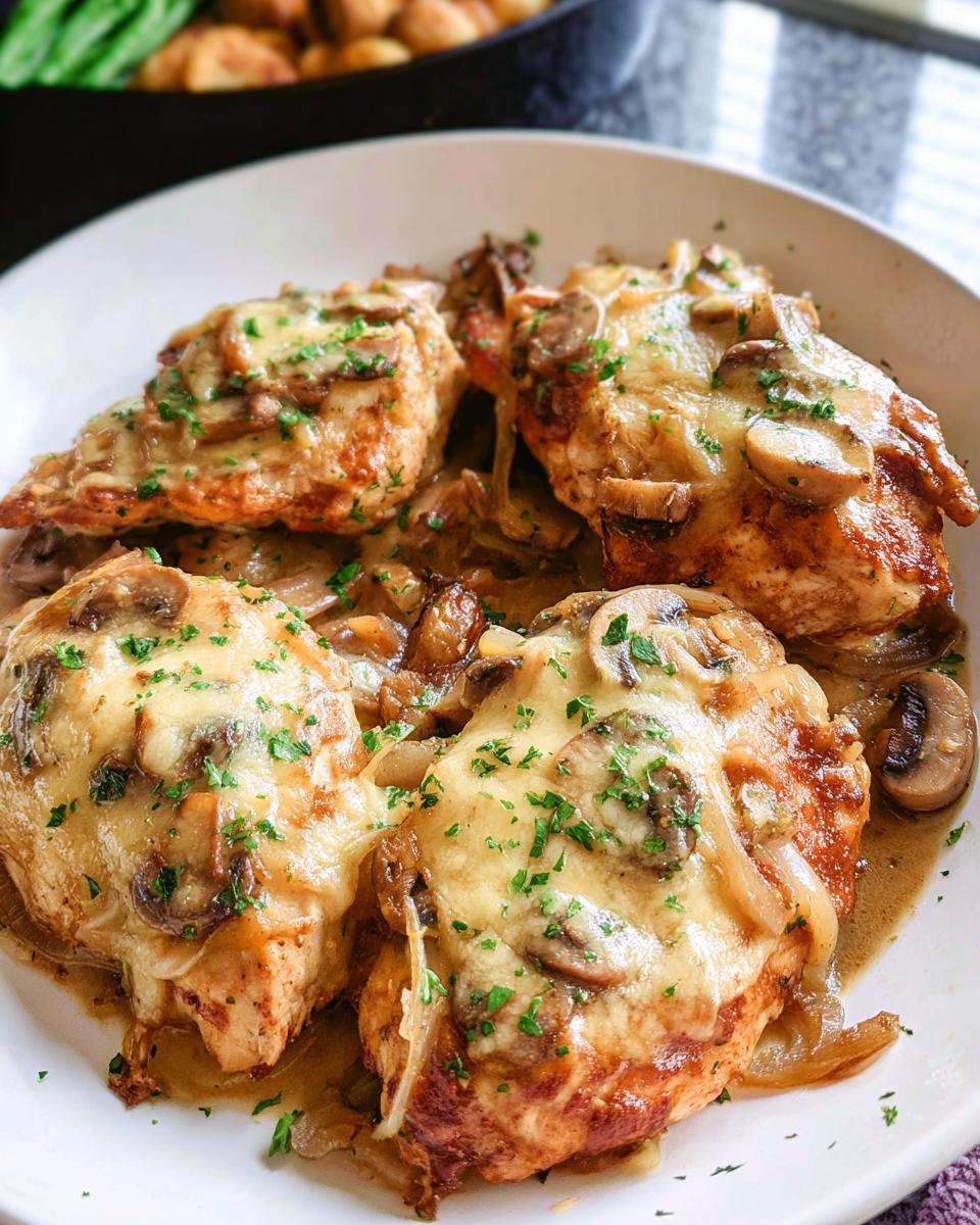 Four pieces of chicken breast topped with melted cheese, sautéed mushrooms, and onions, inspired by Texas Roadhouse Butter Chicken Skillet.
