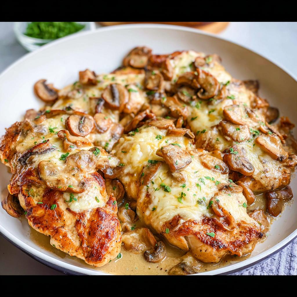 Four pieces of seared chicken topped with melted cheese and sautéed mushrooms, ready for the Texas Roadhouse Butter Chicken Skillet.