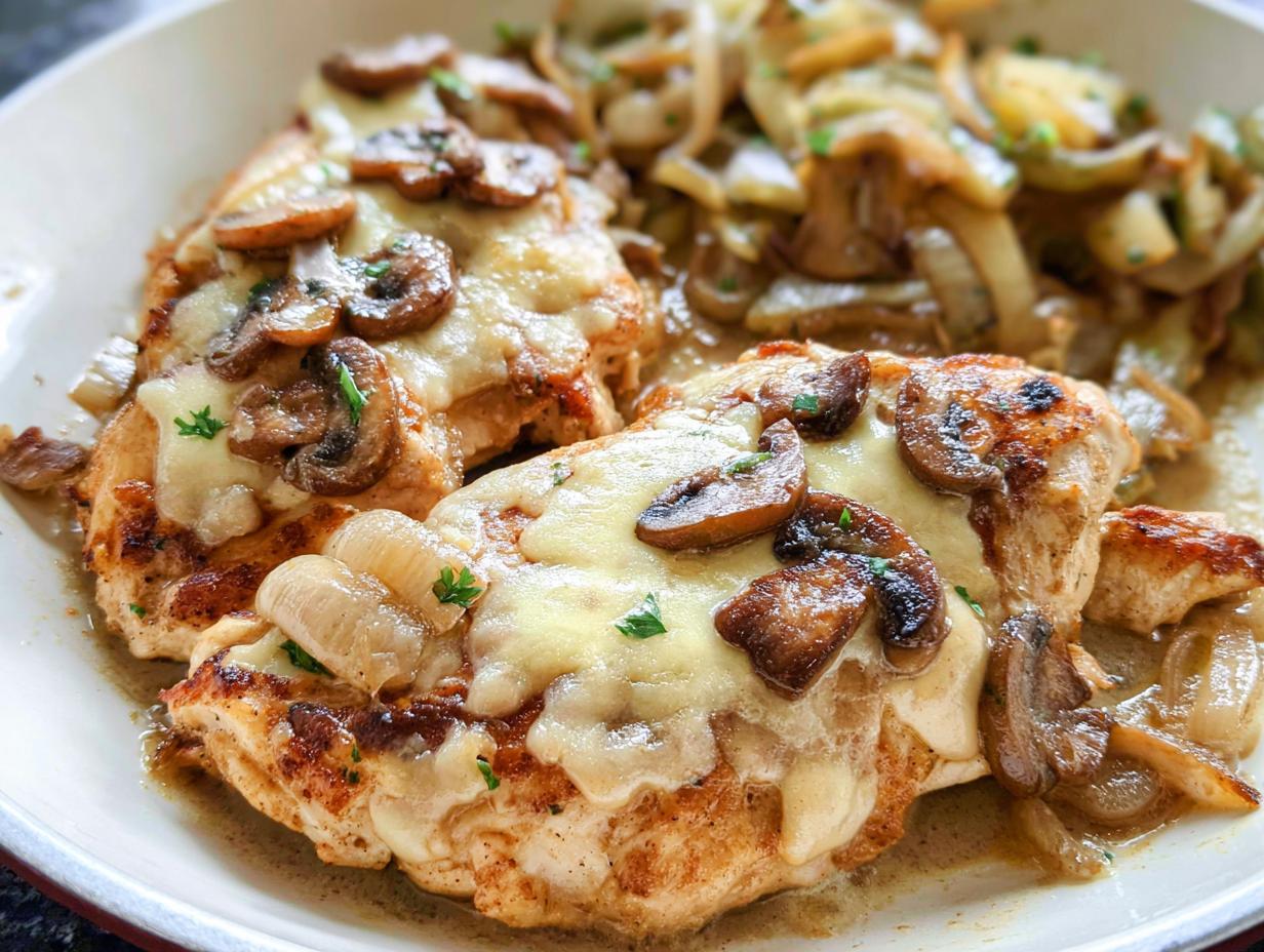 Two grilled chicken breasts topped with melted white cheese, sautéed mushrooms, and onions, resembling the Texas Roadhouse Butter Chicken Skillet.