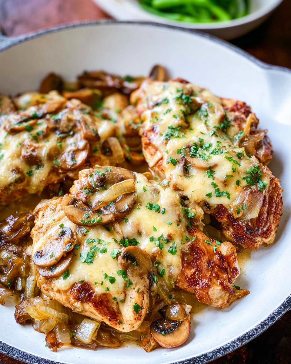 Close-up of chicken breasts topped with melted cheese, sautéed mushrooms, and onions, resembling Texas Roadhouse Butter Chicken Skillet.