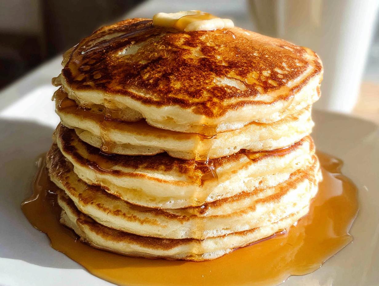 A tall stack of fluffy pancakes from scratch, topped with melting butter and drizzled with maple syrup.