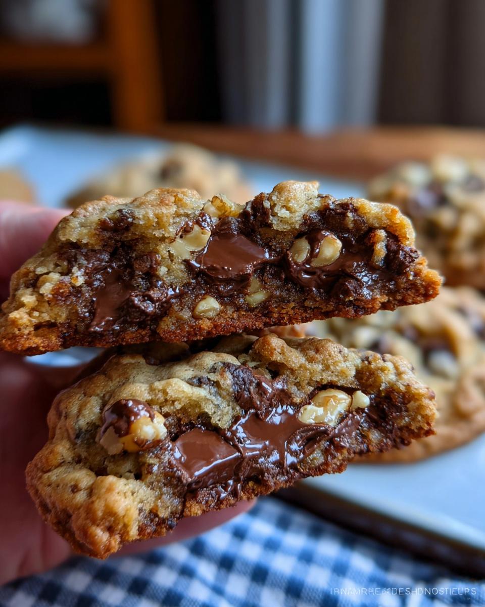 Close-up of a Thick Levain Style Chocolate Chip Walnut Cookie broken in half, showing melted chocolate and walnuts inside.