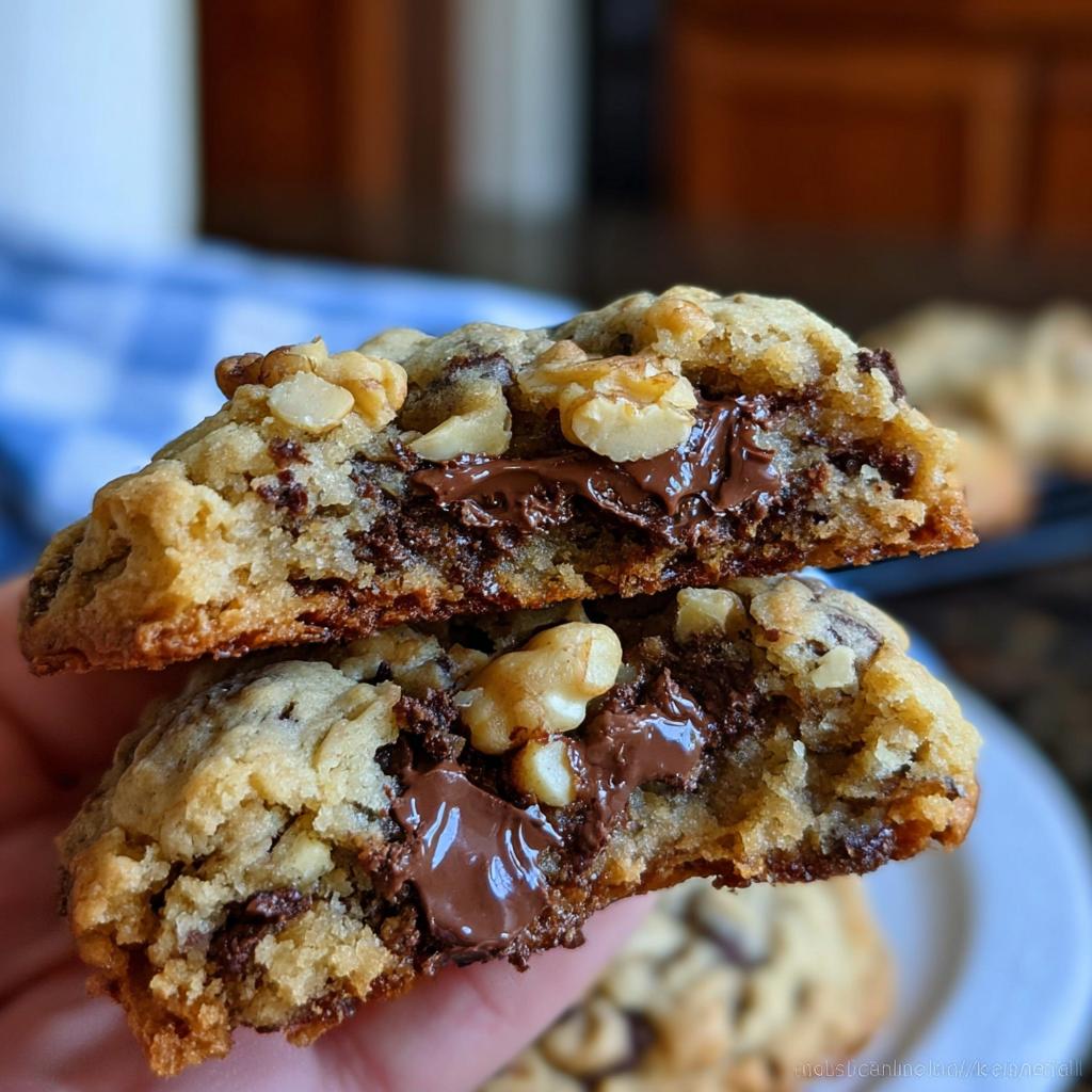 A close-up of a Thick Levain Style Chocolate Chip Walnut Cookie broken in half, showing a gooey, melted chocolate center and walnuts.