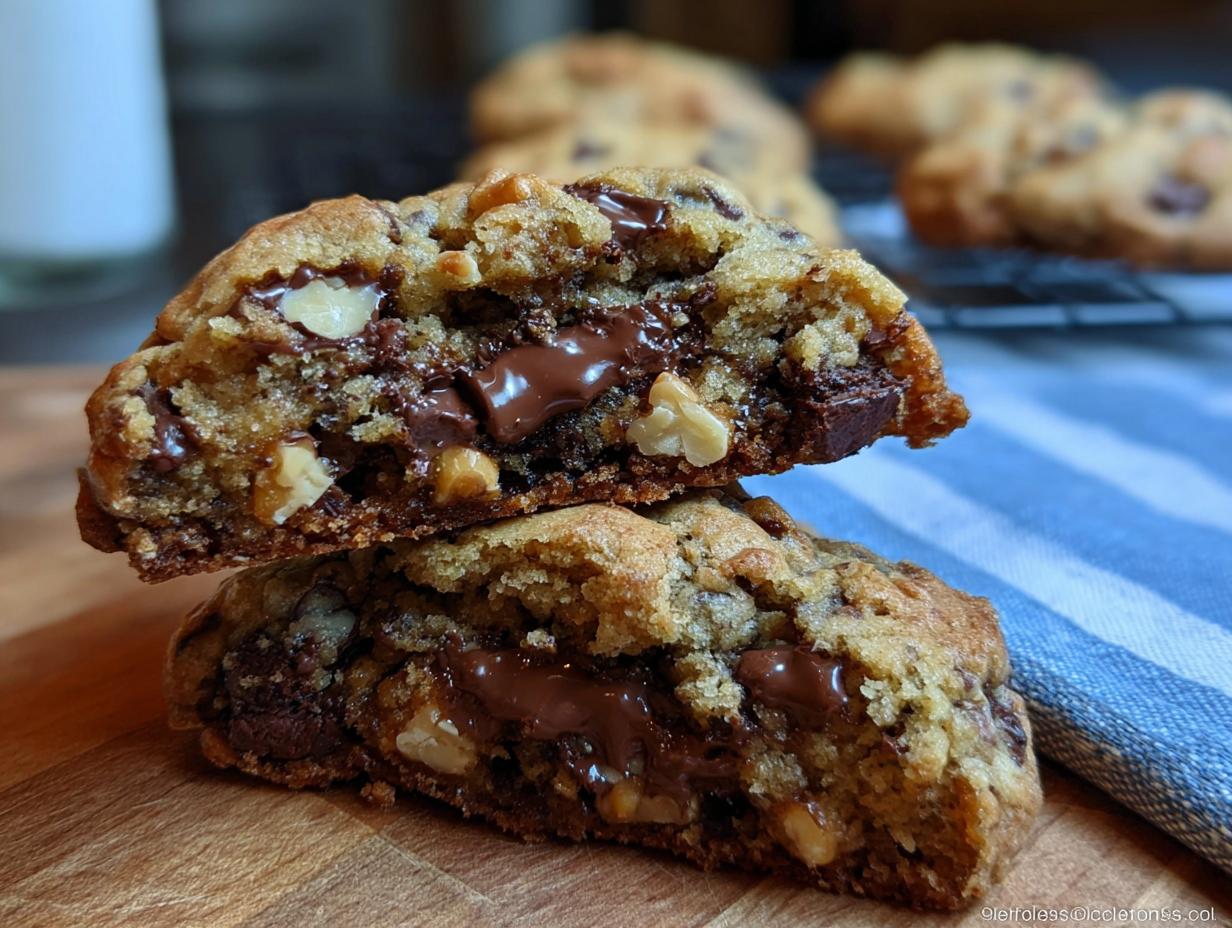 Close-up of a Thick Levain Style Chocolate Chip Walnut Cookie cut in half showing gooey melted chocolate and walnuts.