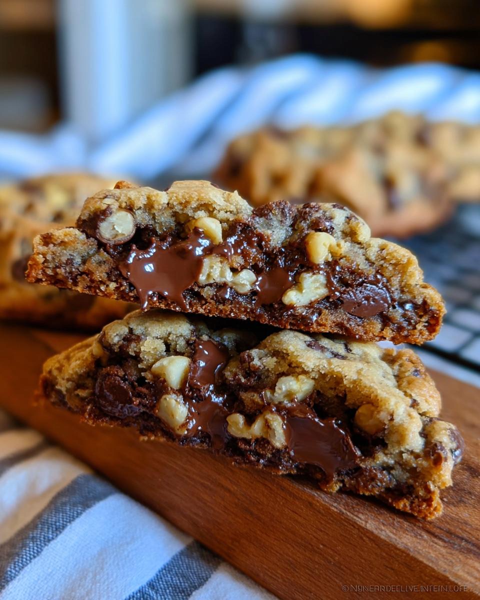 Cross section of two halves of a Thick Levain Style Chocolate Chip Walnut Cookie showing gooey melted chocolate and walnuts.