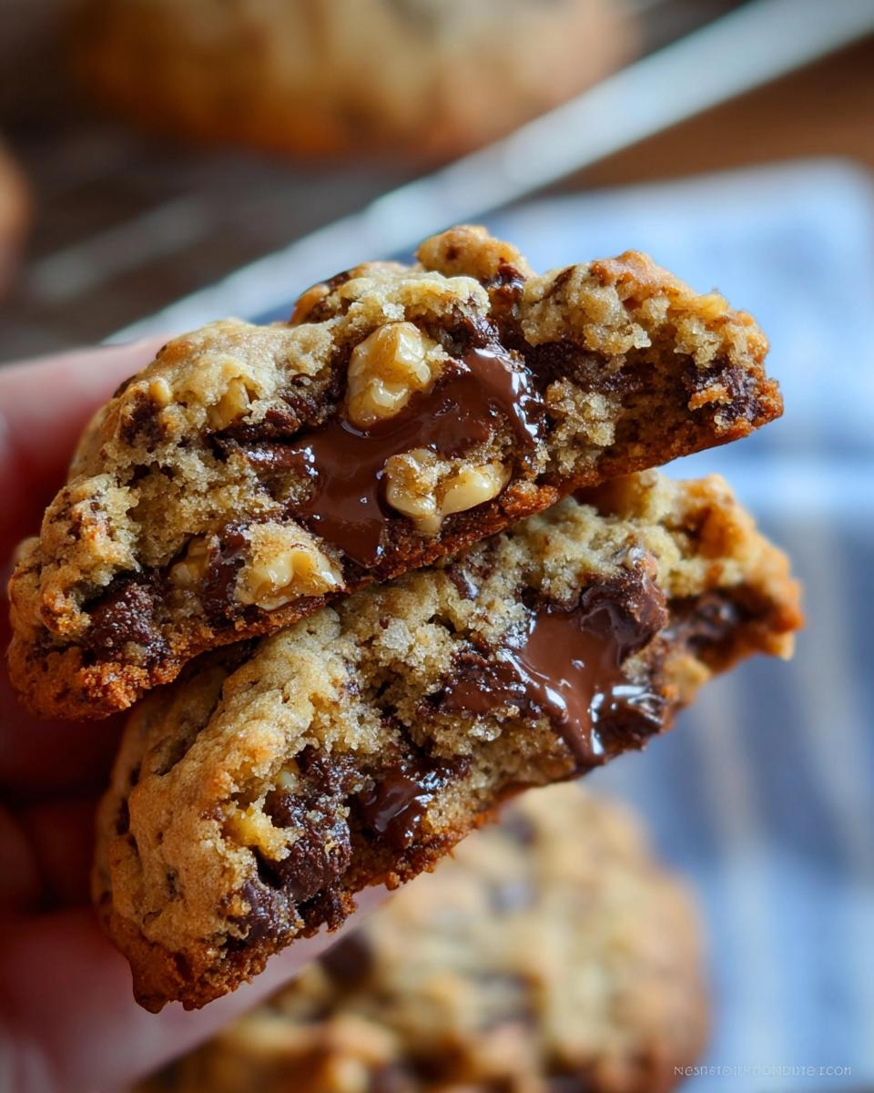 Close-up of Thick Levain Style Chocolate Chip Walnut Cookies broken in half showing gooey melted chocolate and walnuts.