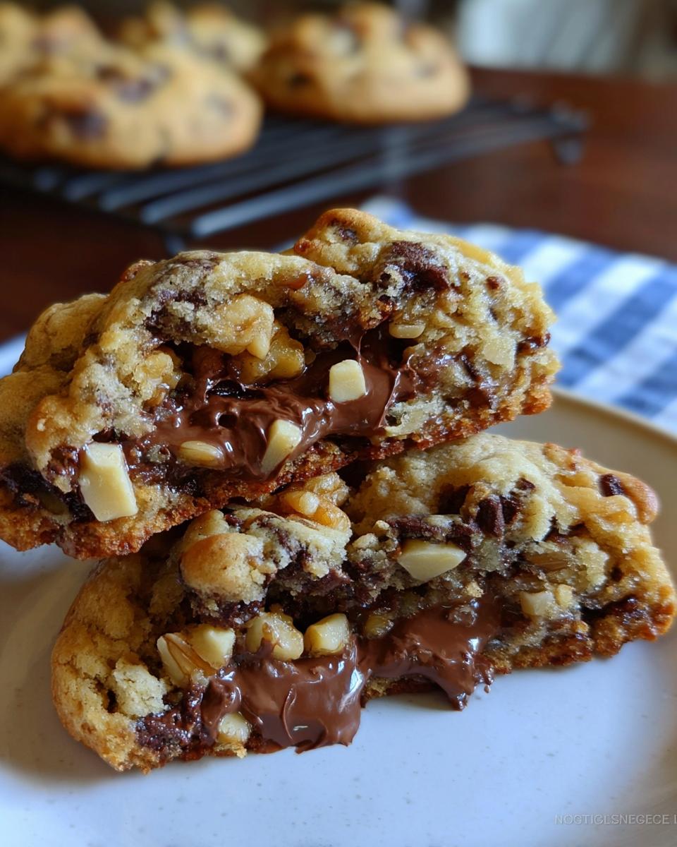 Close-up of a Thick Levain Style Chocolate Chip Walnut Cookie broken in half, showing gooey melted chocolate and walnuts inside.