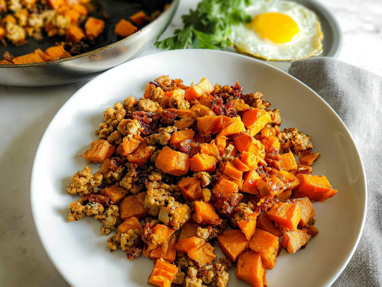 A serving of Turkey and Sweet Potato Skillet Hash featuring diced orange sweet potatoes and ground turkey mixture on a white plate.