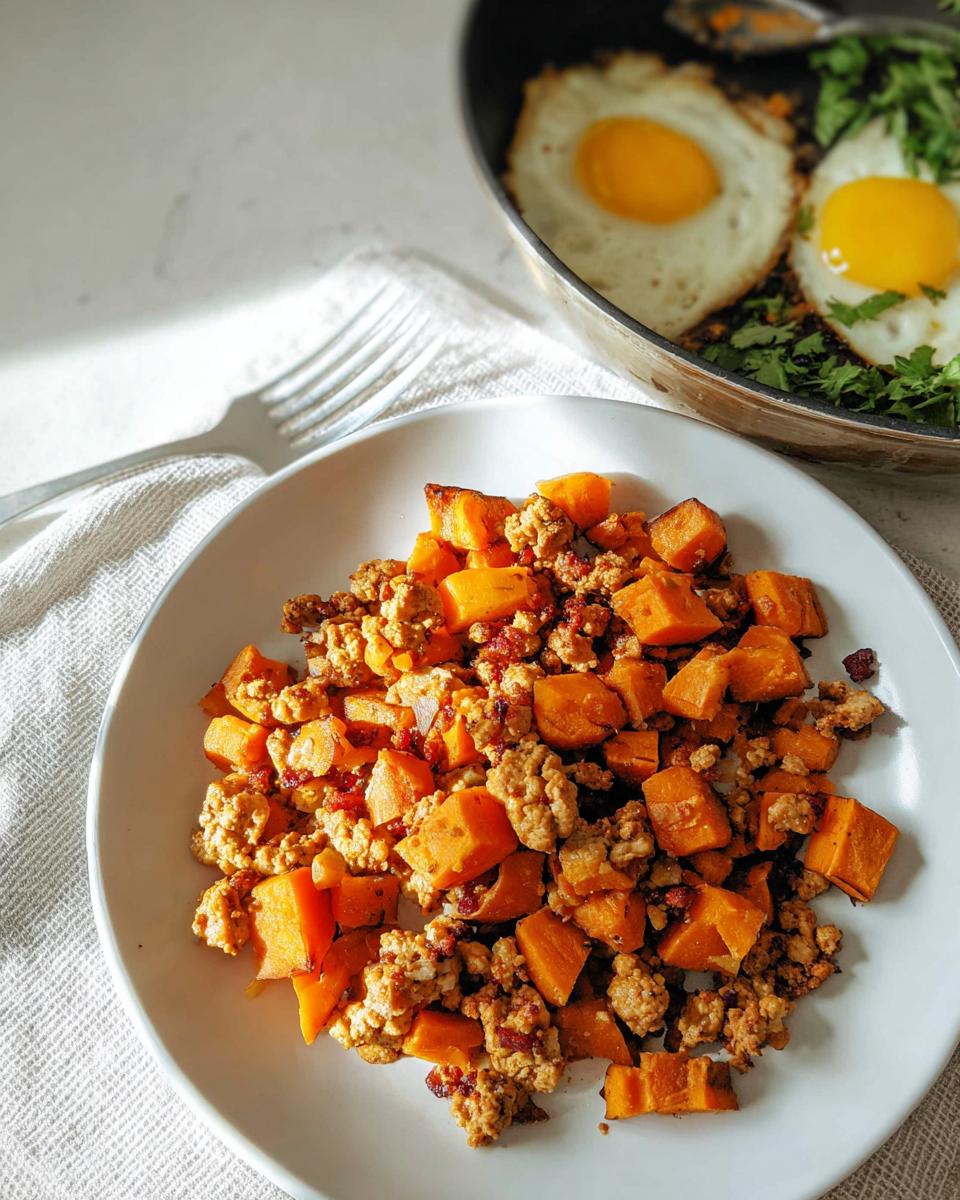 A plate of Turkey and Sweet Potato Skillet Hash next to the skillet containing fried eggs.