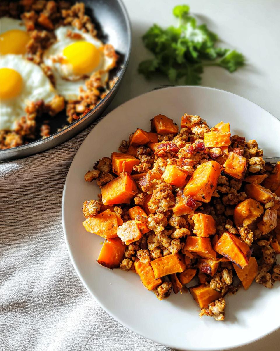A portion of Turkey and Sweet Potato Skillet Hash with cubed sweet potatoes and ground turkey served on a white plate.