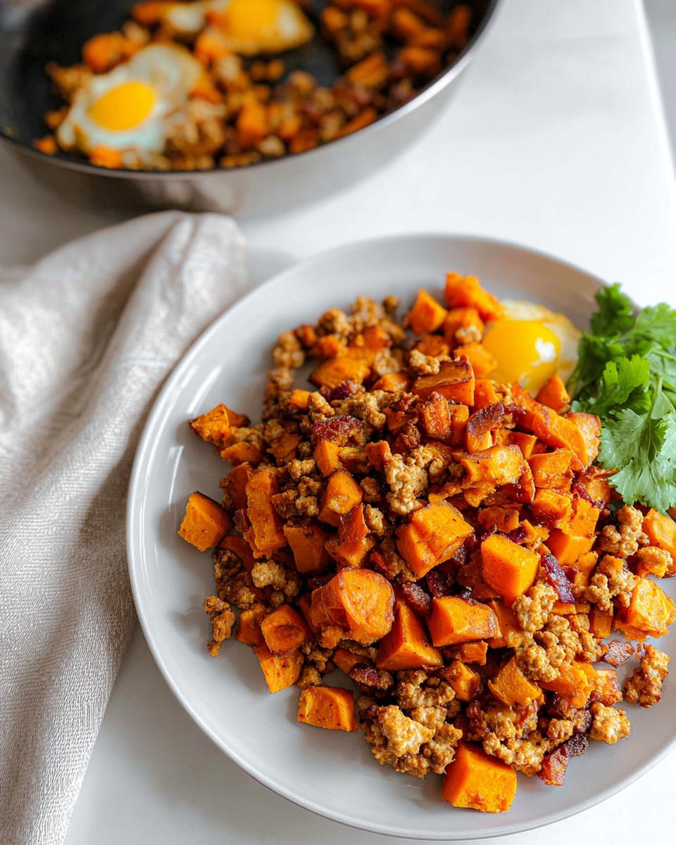 A plate featuring Turkey and Sweet Potato Skillet Hash next to a sunny-side-up egg and cilantro garnish.