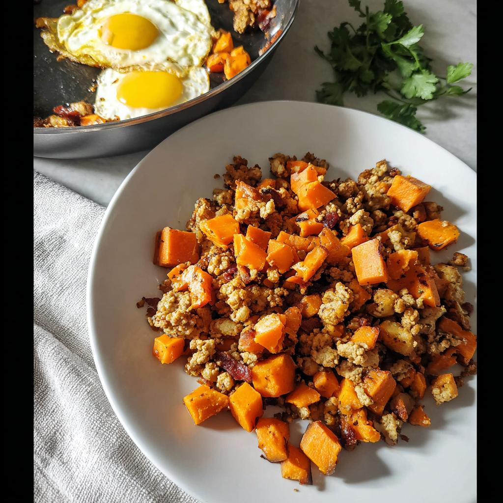 A plate featuring Turkey and Sweet Potato Skillet Hash next to a pan with two sunny-side-up eggs.