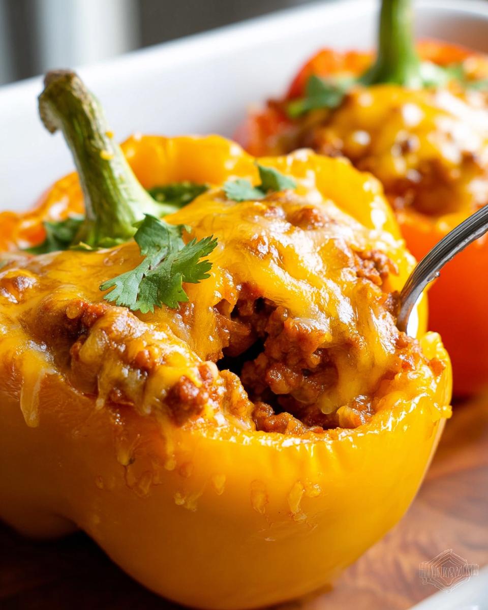 A close-up of a yellow Turkey Taco Stuffed Pepper topped with melted cheddar cheese and fresh cilantro.