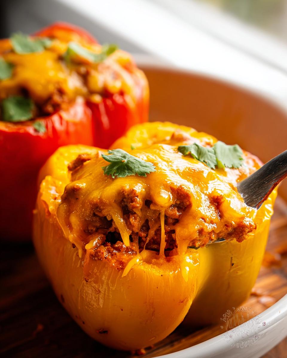 Close-up of a yellow Turkey Taco Stuffed Pepper overflowing with taco filling and melted cheese, with a spoonful being lifted.