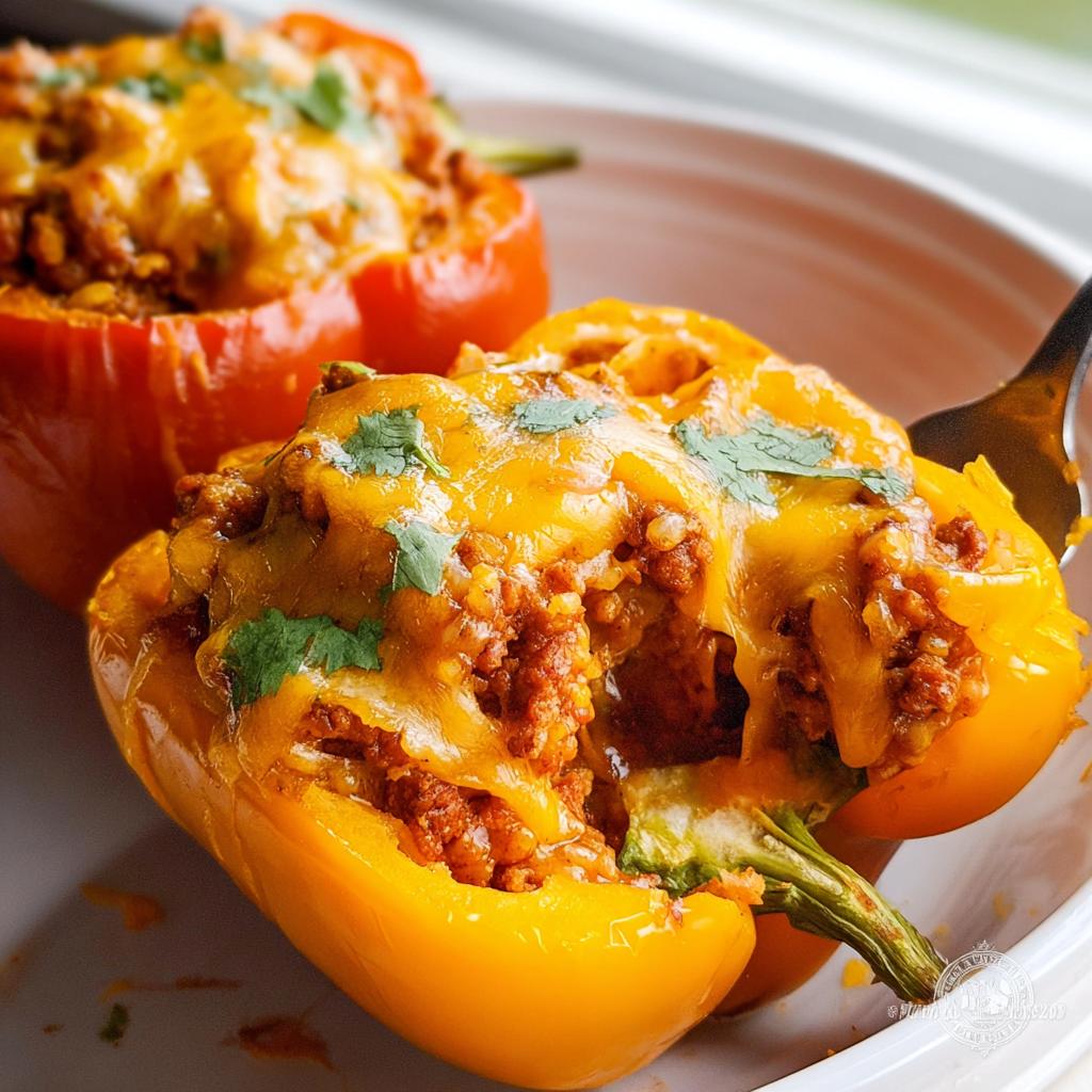 Close-up of a yellow Turkey Taco Stuffed Pepper being scooped with a fork, showing melted cheese and savory filling.