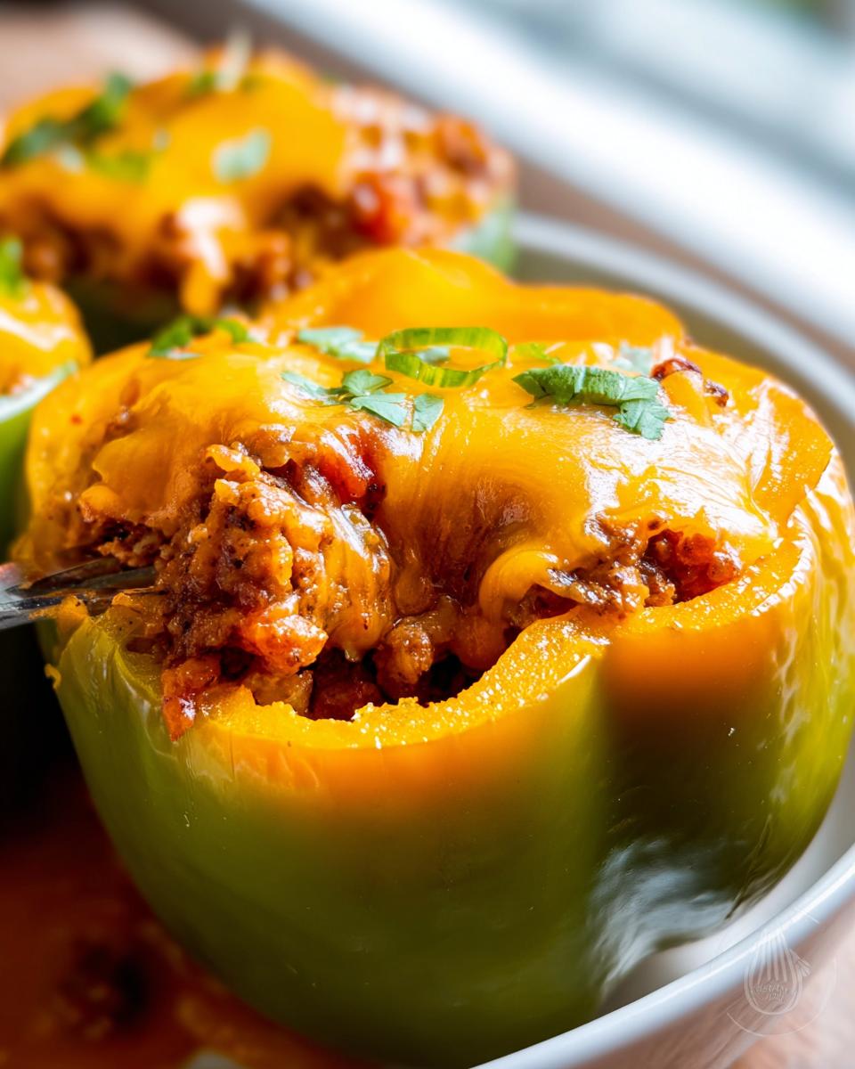 Close-up of a green bell pepper stuffed with seasoned turkey taco filling and topped with melted cheddar cheese.