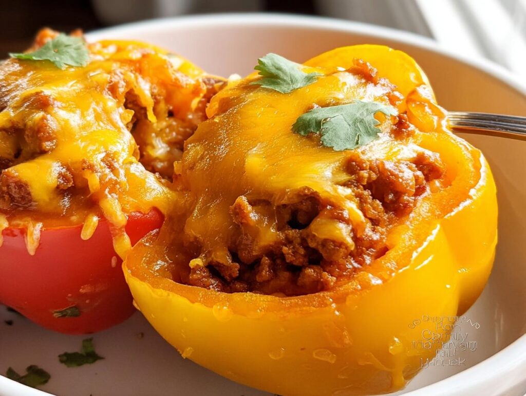 Close-up of two Turkey Taco Stuffed Peppers, one yellow and one red, topped with melted cheddar cheese and cilantro.