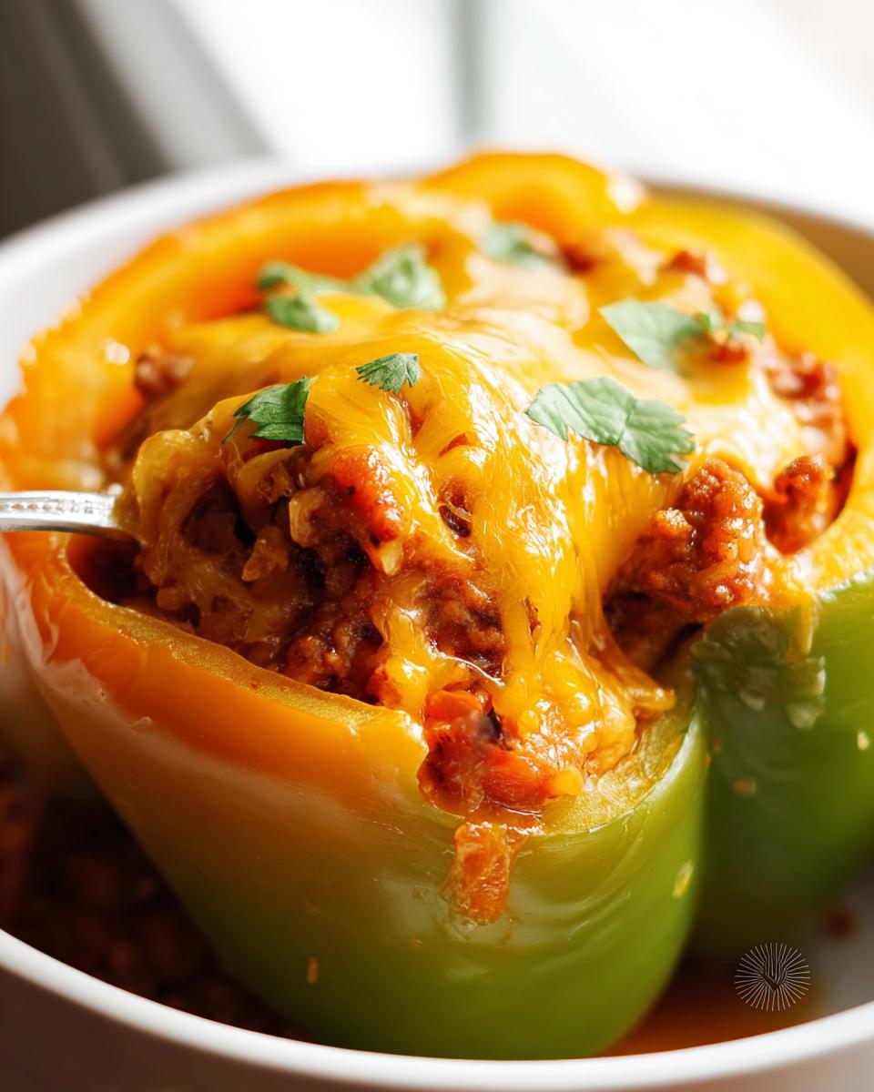 Close-up of a green bell pepper stuffed with taco meat and topped with melted cheddar cheese and cilantro, part of the Turkey Taco Stuffed Peppers recipe.