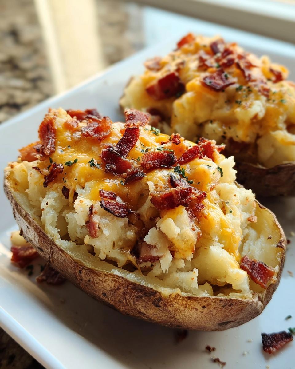 Close-up of a Twice Baked Bacon Cheddar Potatoes half, loaded with mashed potato filling, melted cheddar cheese, and crispy bacon bits.