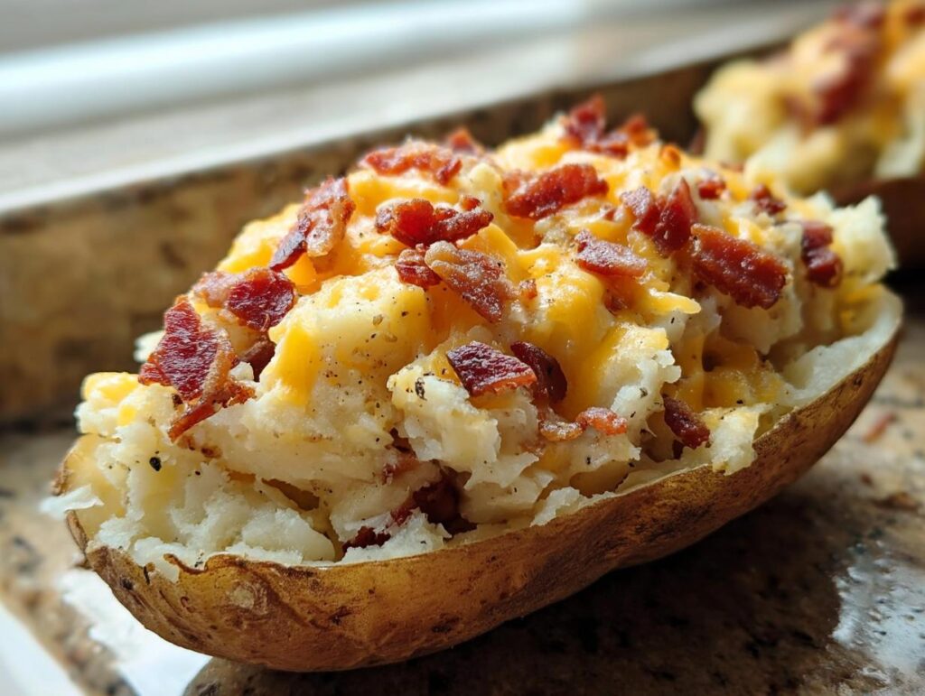 Close-up of a Twice Baked Bacon Cheddar Potatoes half, stuffed with creamy potato filling, melted cheddar cheese, and crispy bacon bits.