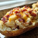 Close-up of a Twice Baked Bacon Cheddar Potatoes half, stuffed with creamy potato filling, melted cheddar cheese, and crispy bacon bits.