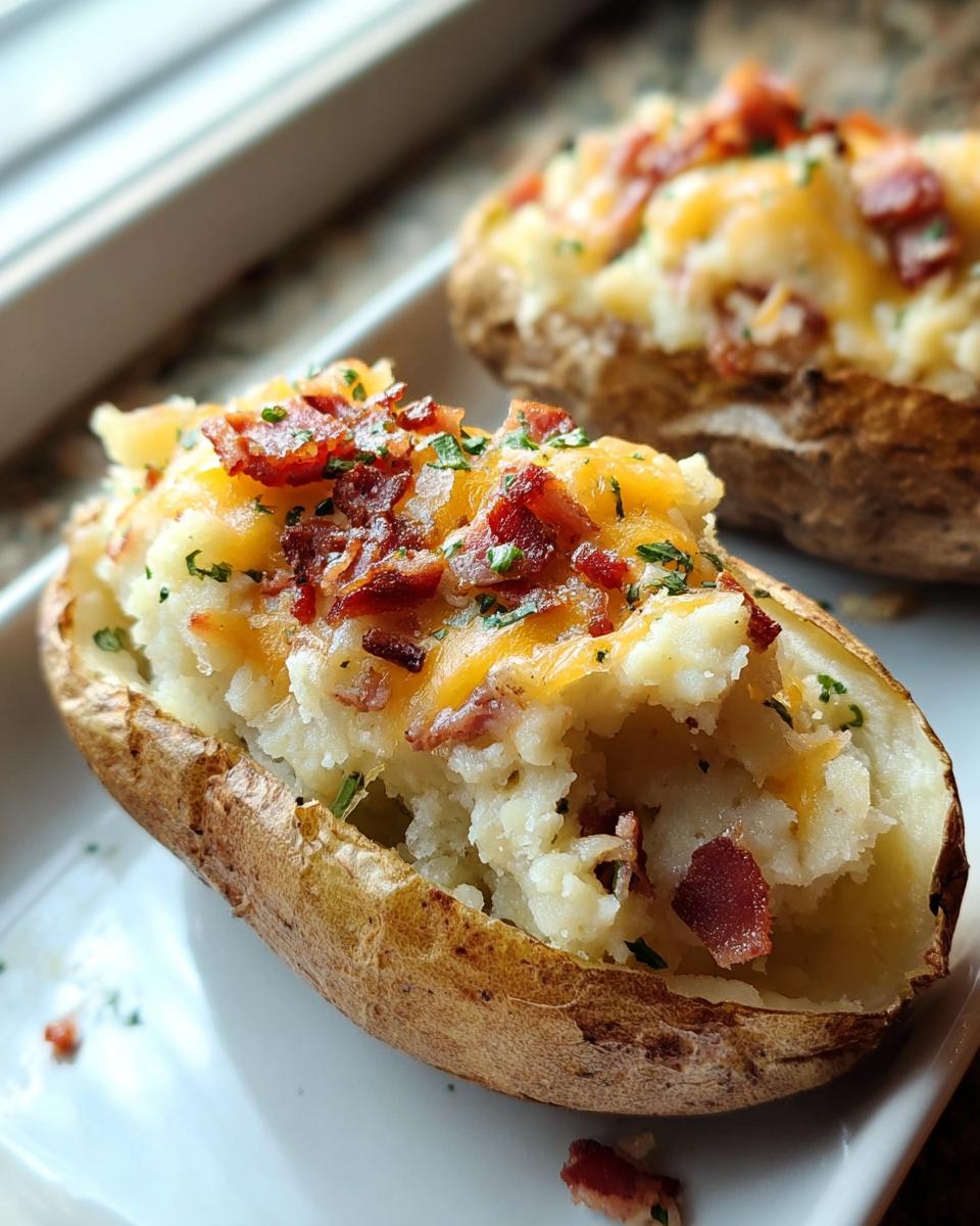 Close-up of a Twice Baked Bacon Cheddar Potatoes, stuffed with creamy filling, melted cheese, and bacon bits.