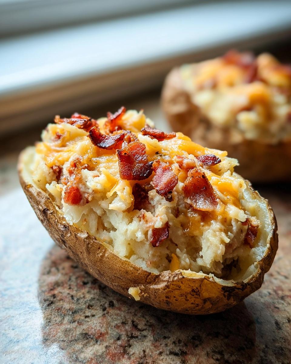 Close-up of a Twice Baked Bacon Cheddar Potatoes half, stuffed with creamy filling, melted cheese, and crispy bacon bits.