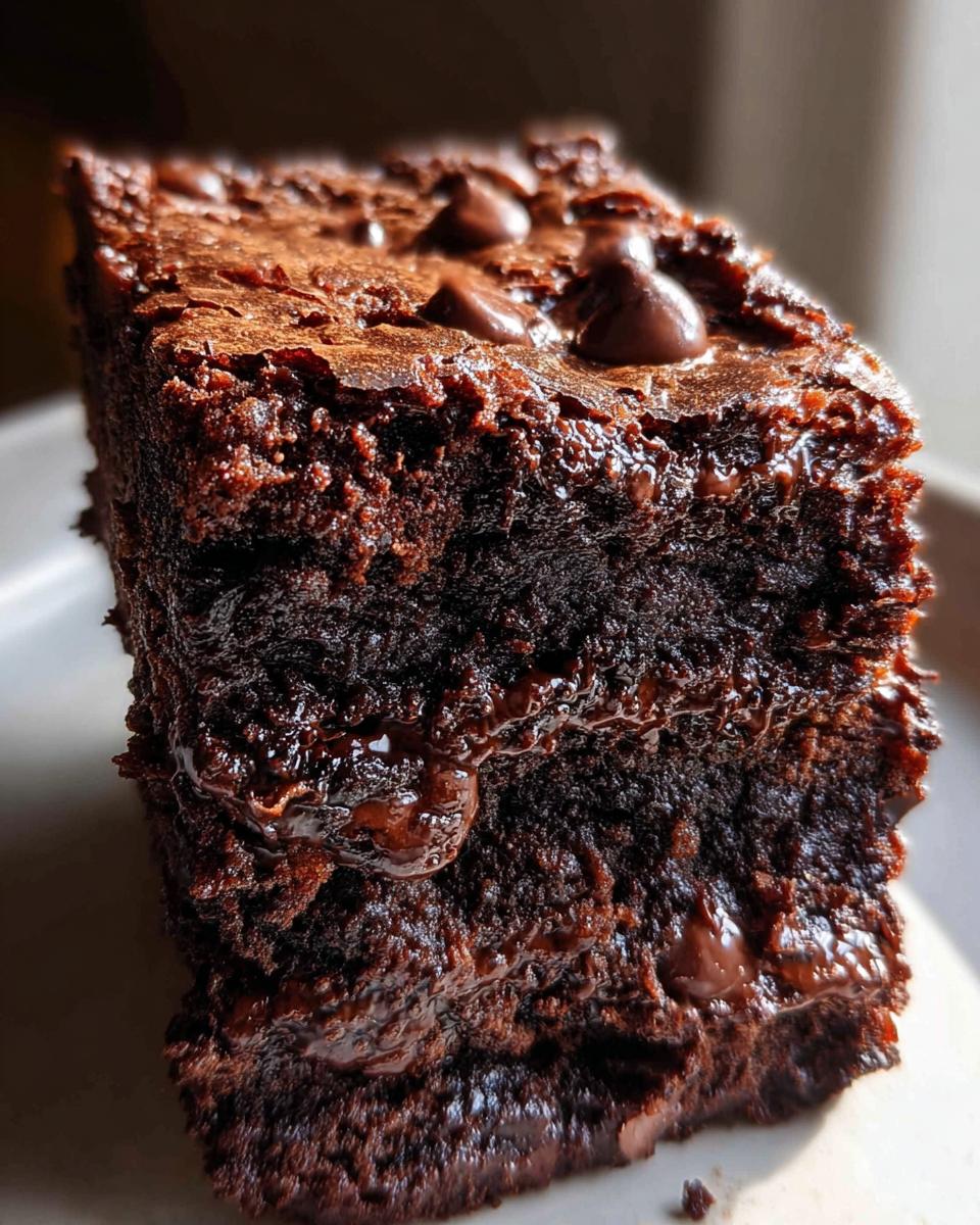 A close-up, vertical shot of a rich, fudgy slice of Ultimate Fudgy Dark Chocolate Brownies showing gooey melted chocolate.
